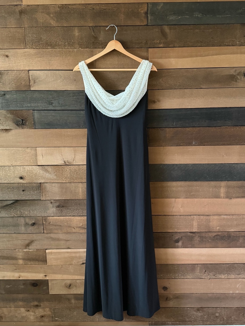 Vintage Cachet Black Beaded Cowl Back Formal Gown Y2K Evening Dress